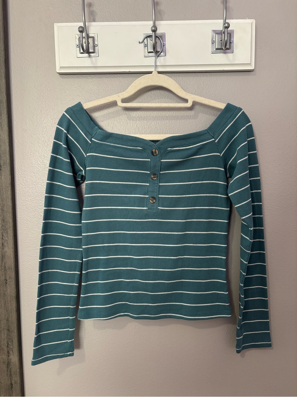 AERO Seriously Soft Striped Long-Sleeve Henley Top - Teal